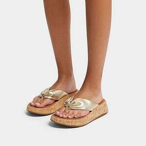 NEW FITFLOP F Mode Twist Cork Flatform Sandals With Toe Thongs Platino 462tn